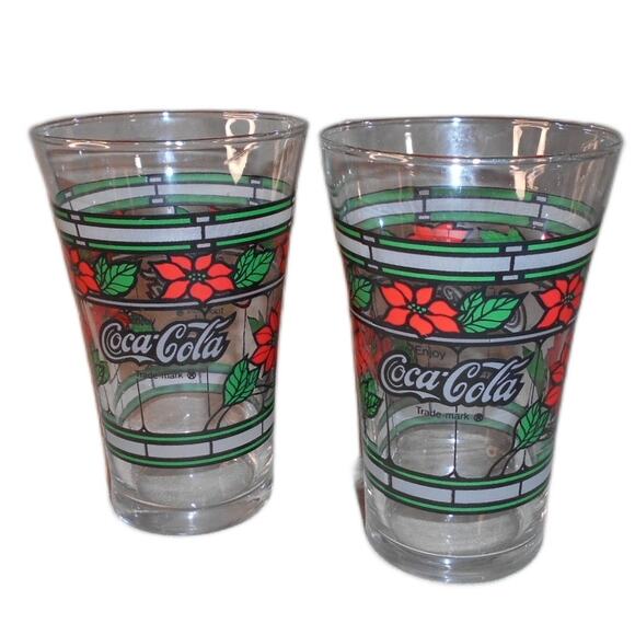 Vintage Coca-Cola Holiday Stained Glass Poinsettia Glasses Lot of 2 Tumblers - Picture 1 of 9
